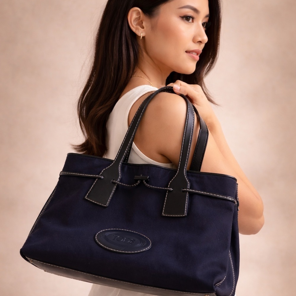 Tod’s Black Nylon Leather Trim Tote Bag Designer Luxury Shoulder Bag